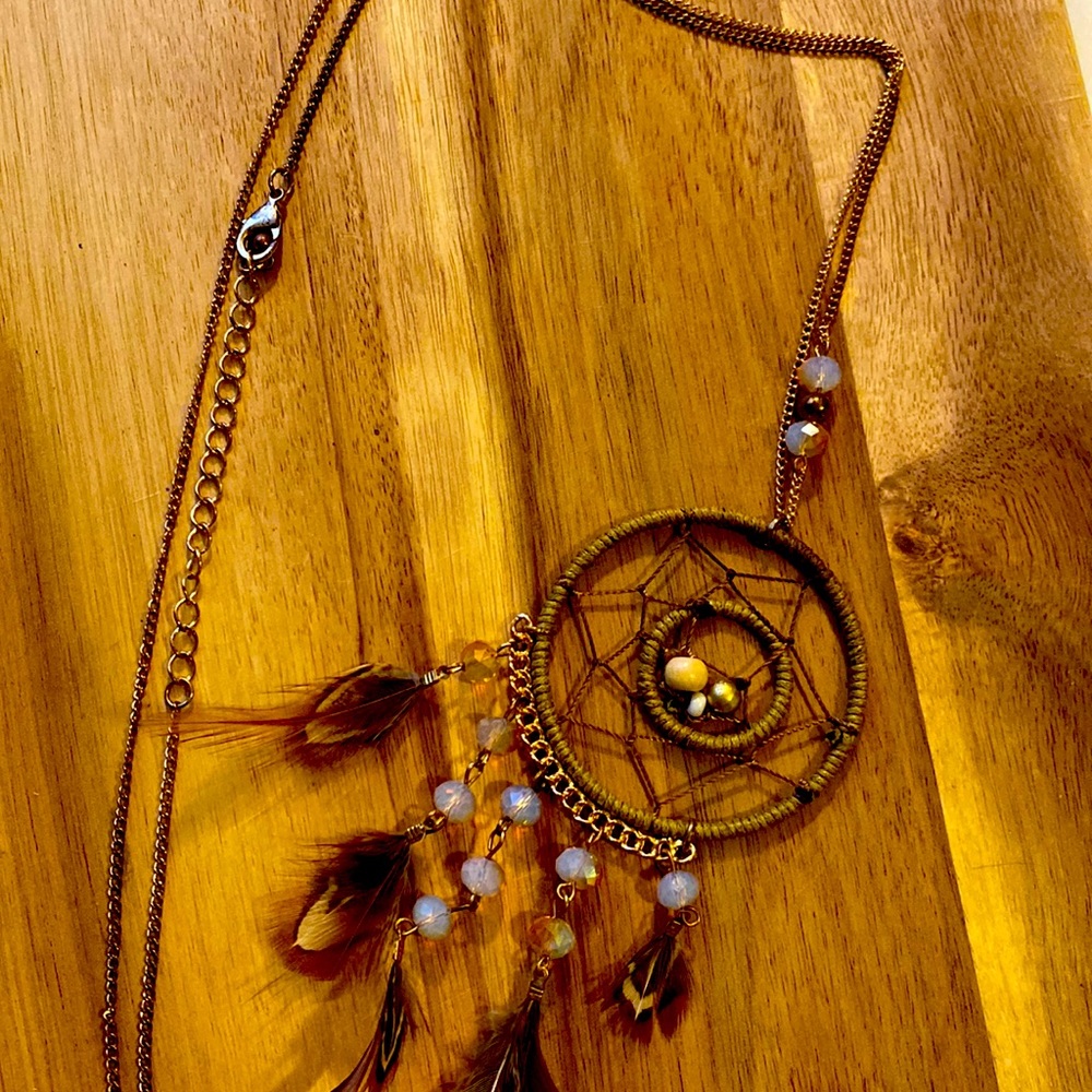 Long Dream Catcher Necklace with Feathers and Beads